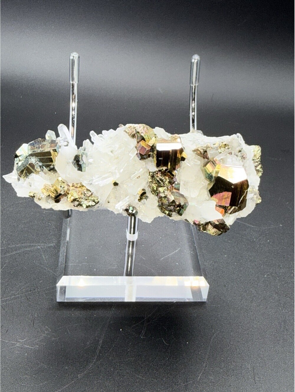 Naturally Iridescent Pyrite with Quartz Indonesia Natural Mineral Specimen